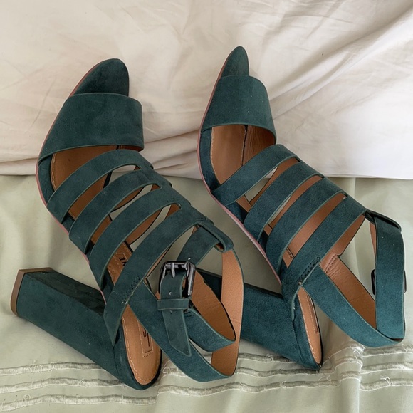 Leila Stone Shoes - Leila Stone Forest Green OpenStrap Chunk Heels
